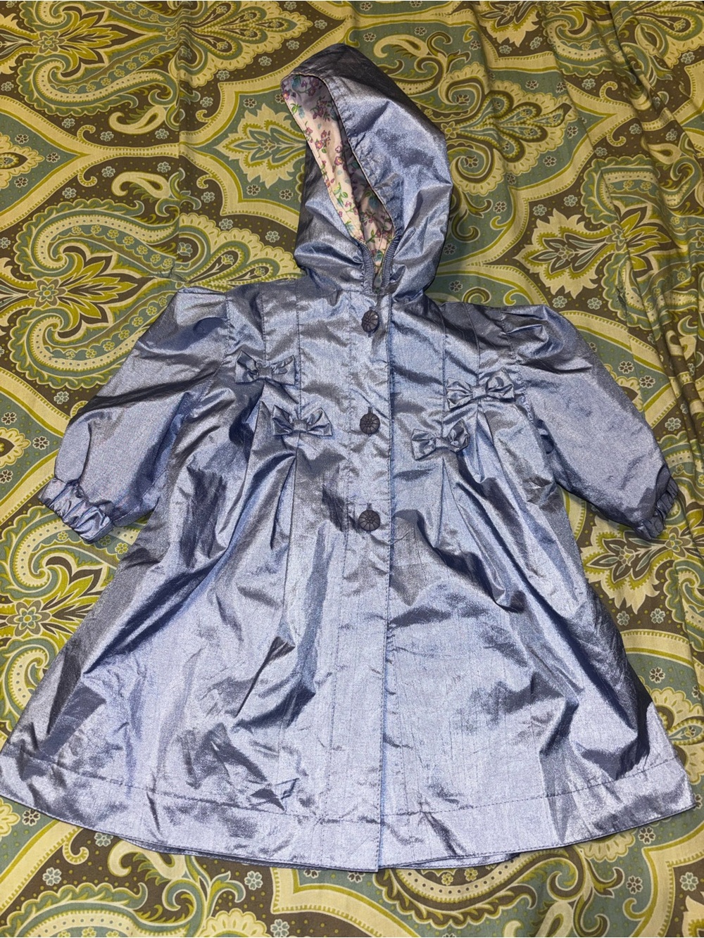 Rothschild Shimmery Light Blue Hooded Girls' Raincoat with Bows